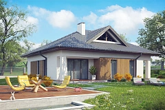 Проект комфортного одноэтажного дома с оригинальными фасадными окнами на чердаке.