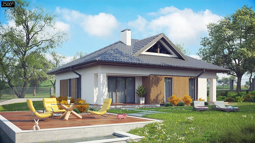 Проект комфортного одноэтажного дома с оригинальными фасадными окнами на чердаке.