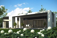 Проект современного одноэтажного дома с черно-белыми фасадами и открытым гаражом на 2 машины