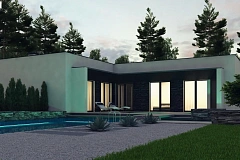 Современный одноэтажный дом с плоской крышей и гаражом на один автомобиль.