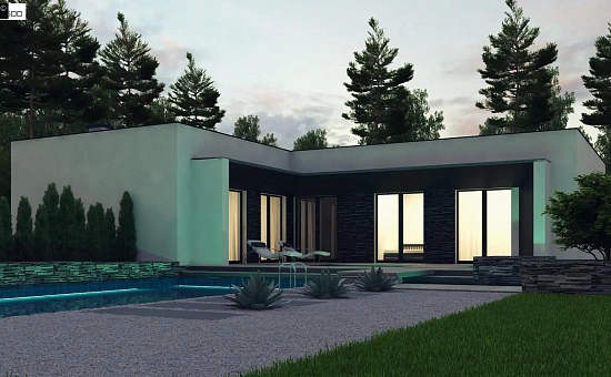 Современный одноэтажный дом с плоской крышей и гаражом на один автомобиль.