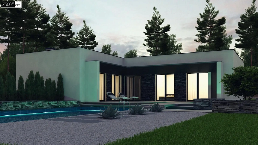 Современный одноэтажный дом с плоской крышей и гаражом на один автомобиль.