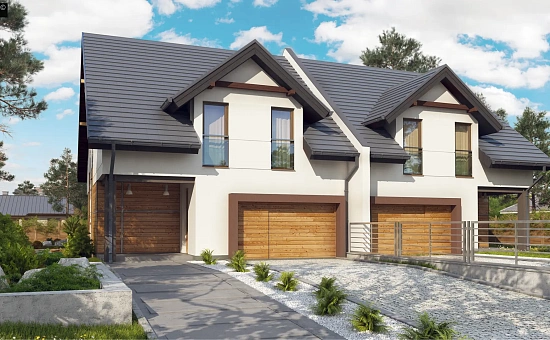 Дома близнецы элегантного дизайна со встроенным гаражом.