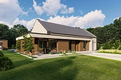 Одноэтажный дом с двускатной крышей и гаражом на одну машину.