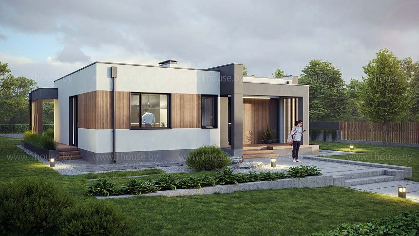 Одноэтажный дом с плоской кровлей и 2умя спальнями.