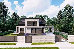 Современный дом с двускатной крышей, мансардными окнами и навесом для гаража