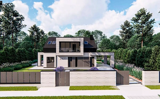 Современный дом с двускатной крышей, мансардными окнами и навесом для гаража