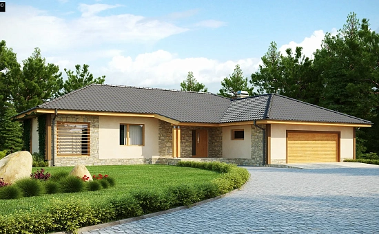 Проект одноэтажного дома с выступающим фронтальным гаражом.