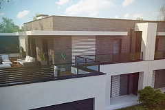 Современный проект домов-близнецов с большим гаражом и террасой на втором этаже.