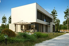 Современный двухэтажный дом с просторной террасой и гаражом на две машины.