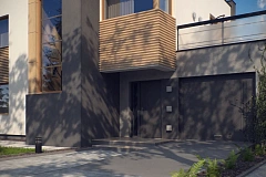 Двухэтажный дом в модернистском дизайне с гаражом и террасой на верхнем этаже.