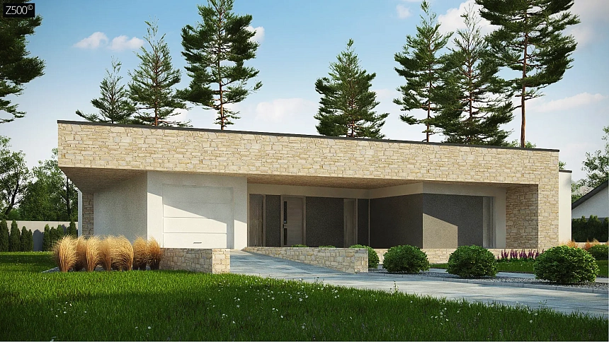 Одноэтажный коттедж с гаражом на одну машину и уютной террасой