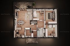 Одноэтажный дом с вальмовой крышей.