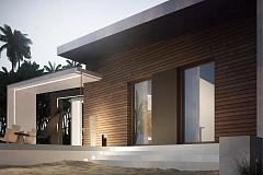 Современный и функциональный одноэтажный дом с уникальной архитектурной формой.