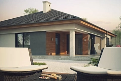 Одноэтажный просторный дом с эркером и крытой террасой.