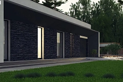 Современный одноэтажный дом с плоской крышей и гаражом на один автомобиль.