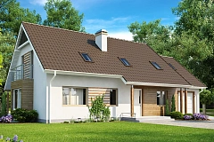 Проект просторного функционального дома с мансардой, гаражом для одной машины и дополнительной спальней на первом этаже.