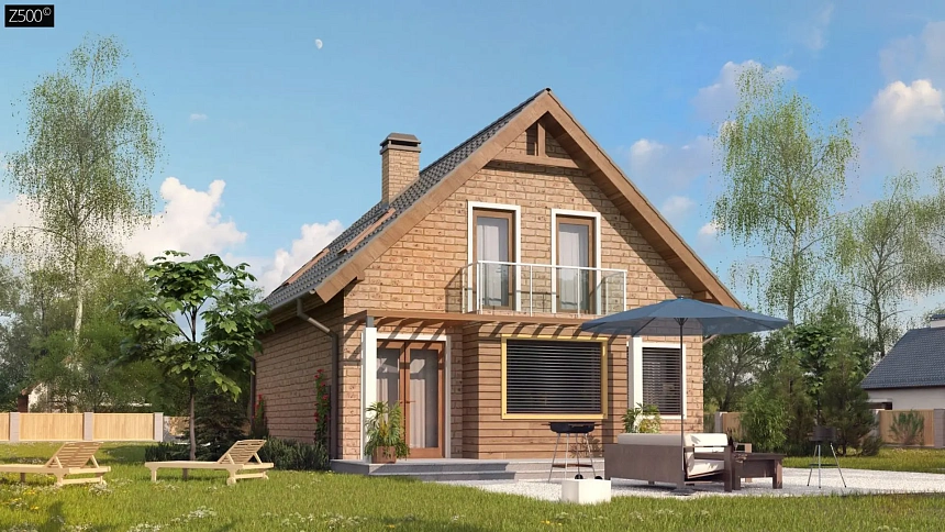 Аккуратный дом с мансардой в кирпичной облицовке. Версия проекта Z99.