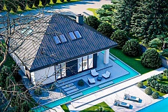 Дом с мансардой, 4-х скатной кровлей и гаражом на одну машину.