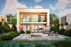 Современный двухэтажный дом с большим остеклением из сада и балконом на втором этаже.