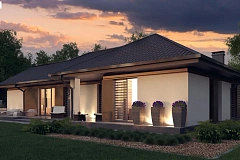 Стильный одноэтажный дом с панорамным остеклением в гостиной