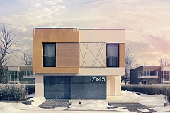 Дом современного дизайна с гаражом и кабинетом на первом этаже.