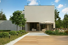 Современный двухэтажный дом с просторной террасой и гаражом на две машины.