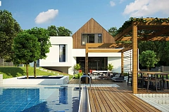 Проект современного коттеджа с цоколем и мансардой