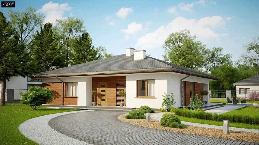 Одноэтажный дом с комфортной крытой террасой адаптированный под строительство в сейсмических районах