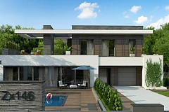 Стильный дом в современном стиле с просторной террасой на втором этаже.