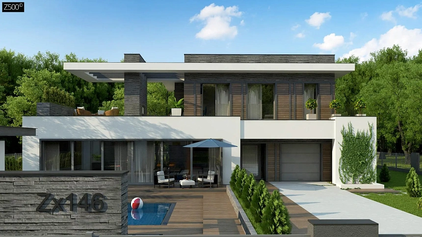 Стильный дом в современном стиле с просторной террасой на втором этаже.