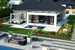 Компактный одноэтажный коттедж с гаражом для одной машины