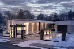 Проект современного одноэтажного дома с интересной планировкой и гаражом для одной машины.