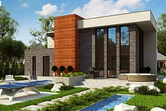 Проект двухэтажного дома в современном стиле с гаражом для двух машин и просторной террасой&nbsp;&nbsp;над ним.