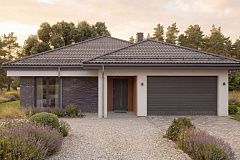 Современный одноэтажный проект дома с многоскатной крышей и гаражом на две машины