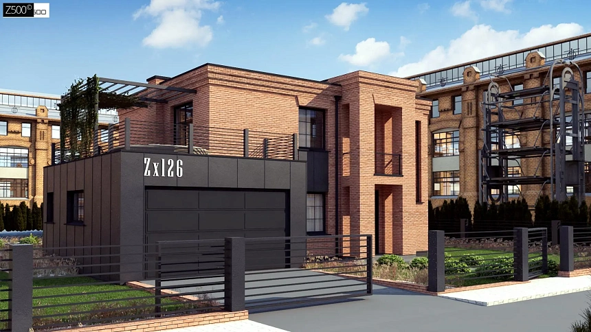 Современный двухэтажный дом с облицовкой фасада из кирпича