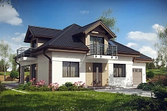 Проект дома с мансардой, с кабинетом на первом этаже и гаражом.