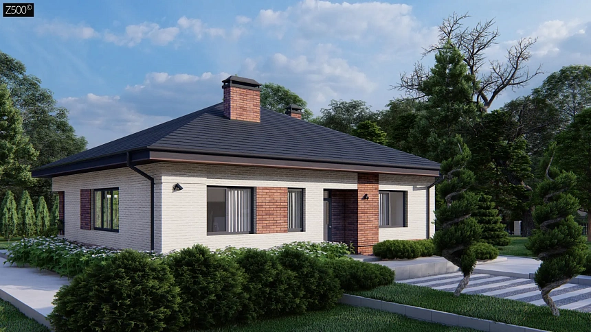 Проект стильного одноэтажного дома c облицовкой кирпичом