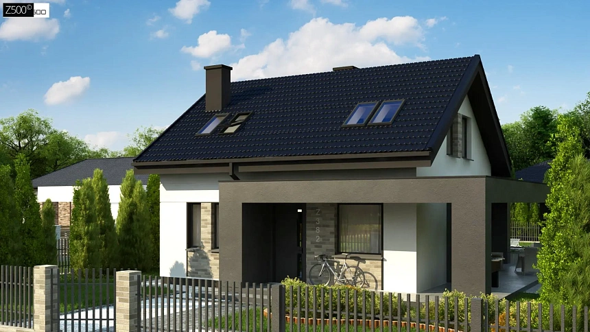 Компактный проект мансардного дома с двускатной кровлей и тремя спальнями