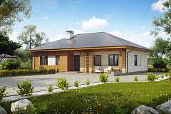 Практичный одноэтажный дом традиционной формы с многоскатной крышей.