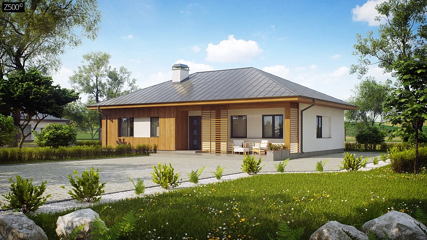 Практичный одноэтажный дом традиционной формы с многоскатной крышей.