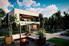 Современный двухэтажный дом с плоской кровлей и большим остеклением.