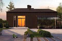 Проект современного двухэтажного дома с оригинальным экстерьером и гаражом на один автомобиль.