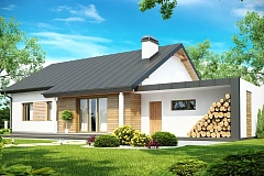 Практичный одноэтажный дом с двускатной крышей, с большим боковым гаражом.