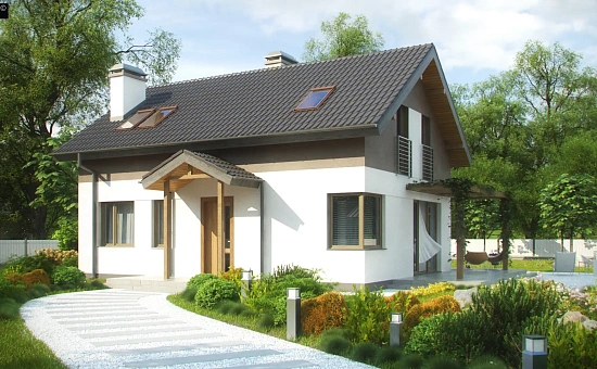 Компактный дом простой формы с угловым окном в кухне и светлой гостиной.