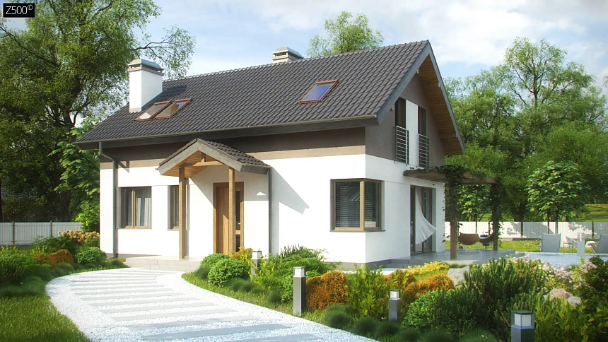 Компактный дом простой формы с угловым окном в кухне и светлой гостиной.