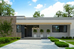 Современный комфортабельный одноэтажный дом с функциональным интерьером и уютной террасой.