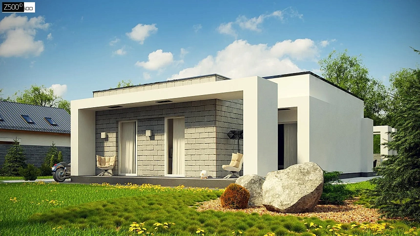 Одноэтажный дом с плоской крышей и крытыми террасами