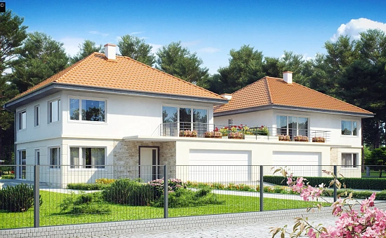 Проект просторного двухэтажного дома для симметричной застройки с террасой над гаражом.