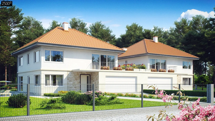 Проект просторного двухэтажного дома для симметричной застройки с террасой над гаражом.